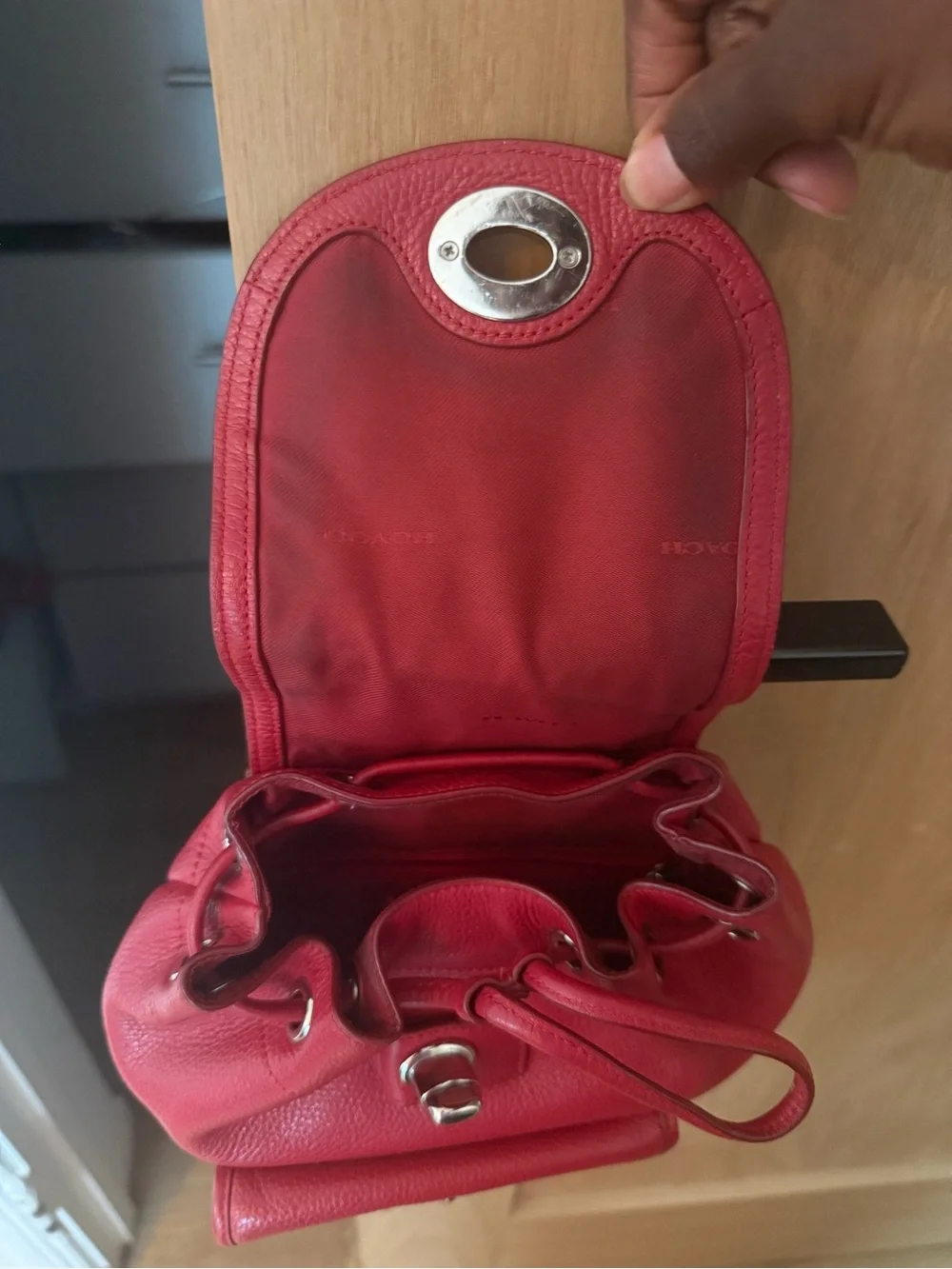Coach Red Pebbled Leather Mini Backpack with Turn-Lock Detail